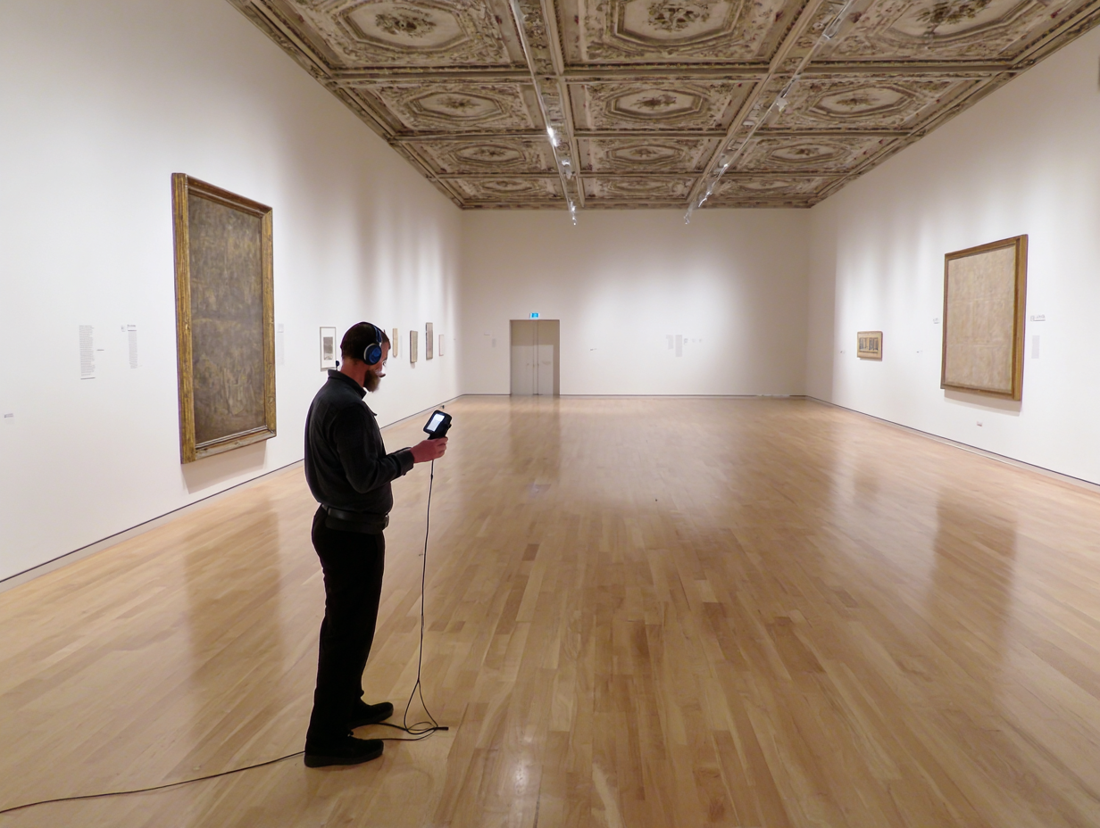 Acoustic engineer measuring reverberation in an empty museum gallery